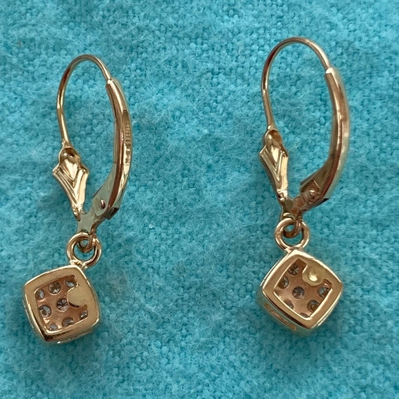 14k gold square diamond lever back earrings - Picture 10 of 10